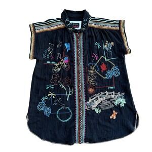 Johnny Was Biya Women's Black Dionne Nutton Embroidered Gauze‎ Blouse Medium